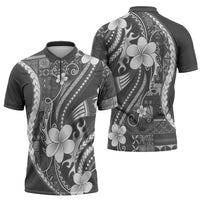 Samoa Siapo Tribal Pattern Zipper Polo Shirt Light Gray Polynesian Plumeria Tapa Motif