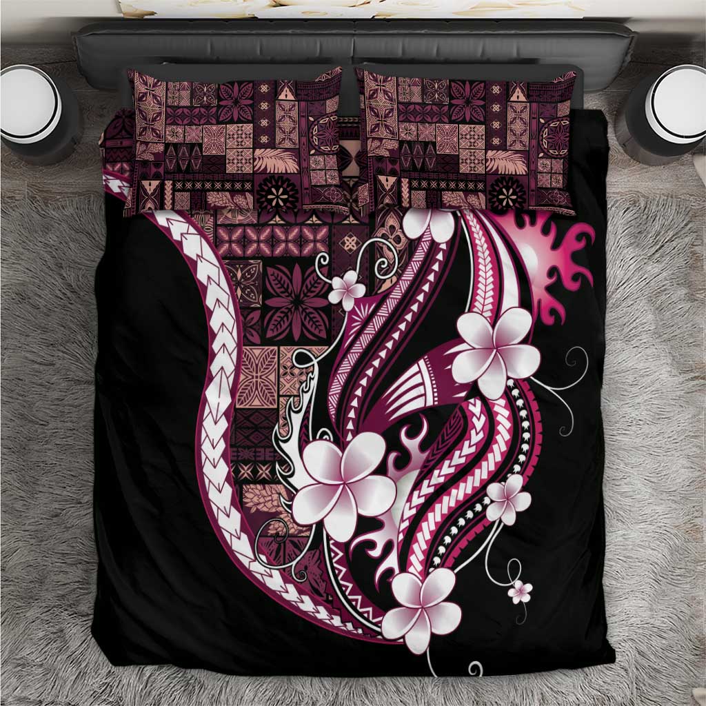 Samoa Siapo Tribal Pattern Bedding Set Violet Polynesian Plumeria Tapa Motif