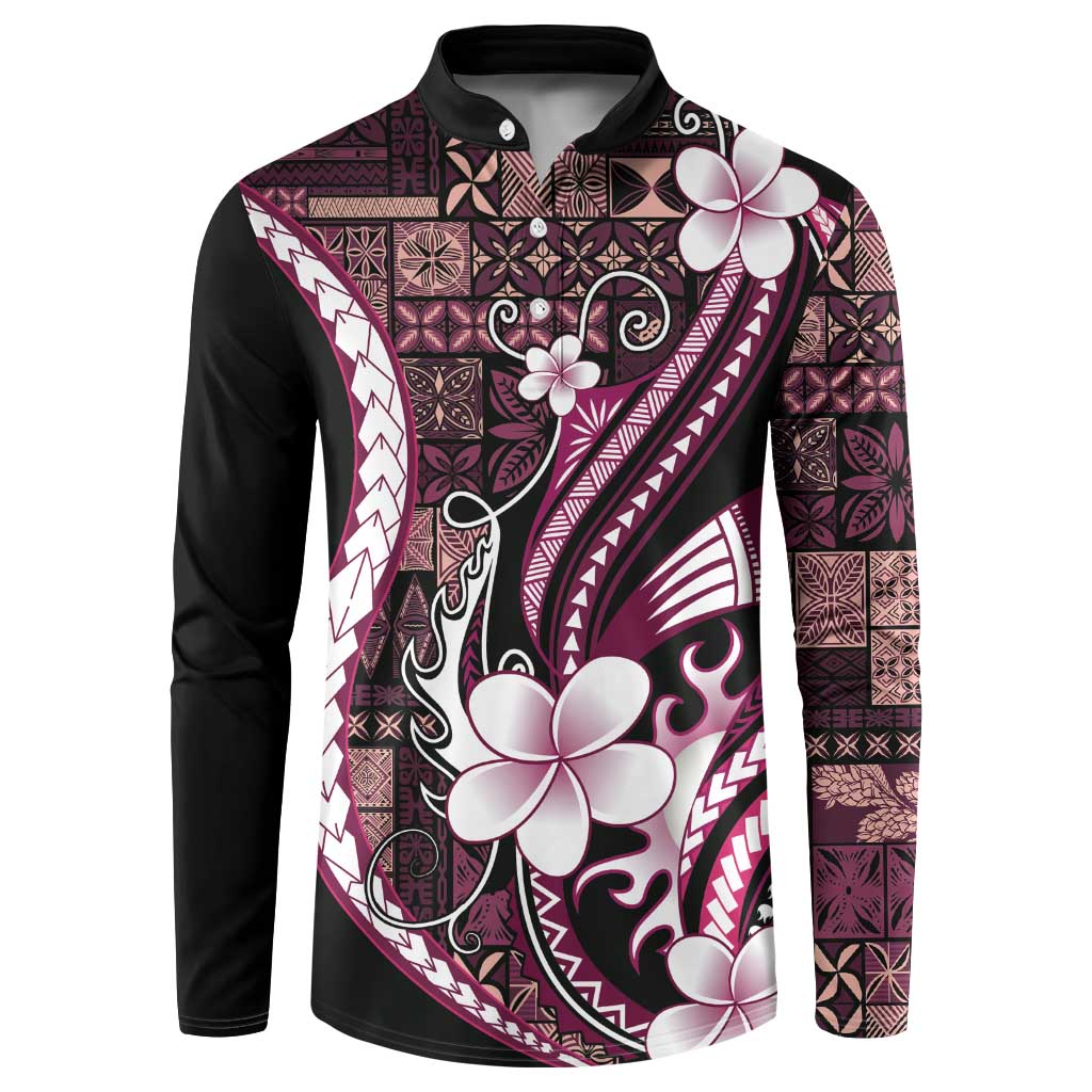 Samoa Siapo Tribal Pattern Button Sweatshirt Violet Polynesian Plumeria Tapa Motif