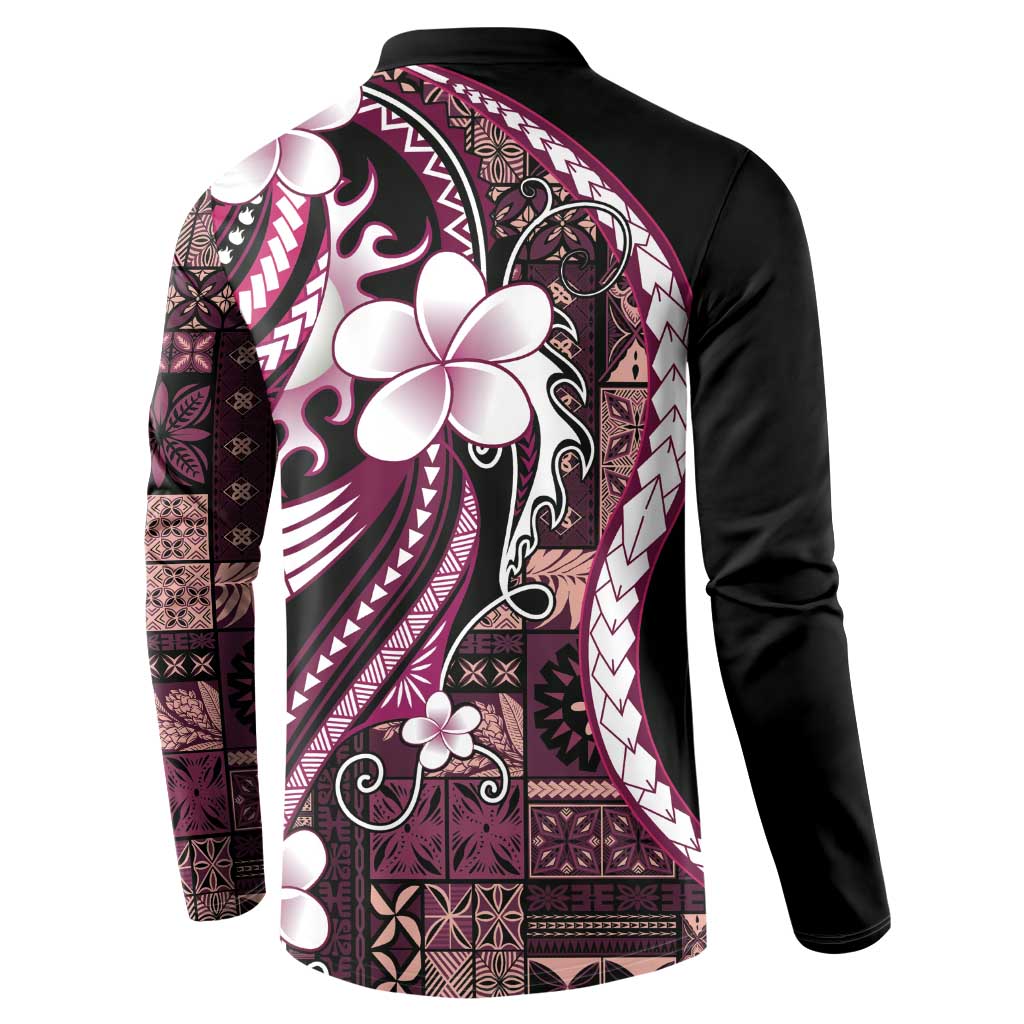 Samoa Siapo Tribal Pattern Button Sweatshirt Violet Polynesian Plumeria Tapa Motif