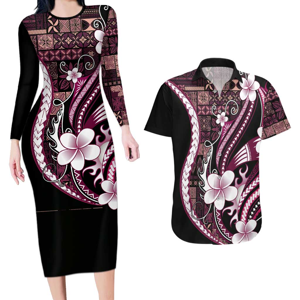 Samoa Siapo Tribal Pattern Couples Matching Long Sleeve Bodycon Dress and Hawaiian Shirt Violet Polynesian Plumeria Tapa Motif
