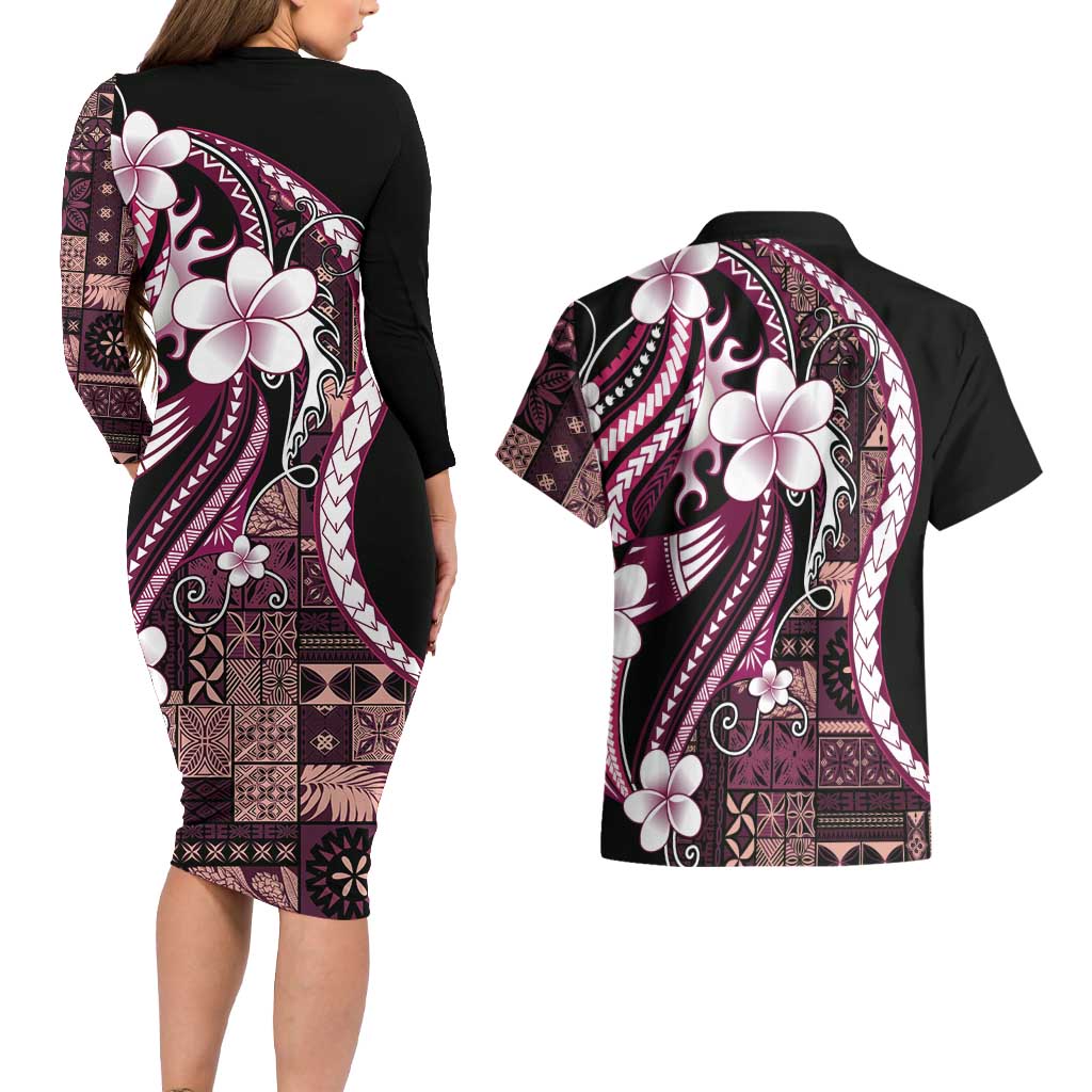 Samoa Siapo Tribal Pattern Couples Matching Long Sleeve Bodycon Dress and Hawaiian Shirt Violet Polynesian Plumeria Tapa Motif LT9 - Polynesian Pride
