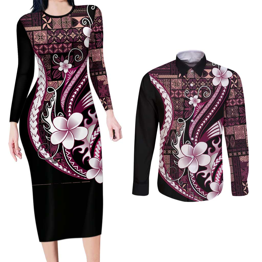 Samoa Siapo Tribal Pattern Couples Matching Long Sleeve Bodycon Dress and Long Sleeve Button Shirt Violet Polynesian Plumeria Tapa Motif