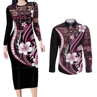 Samoa Siapo Tribal Pattern Couples Matching Long Sleeve Bodycon Dress and Long Sleeve Button Shirt Violet Polynesian Plumeria Tapa Motif