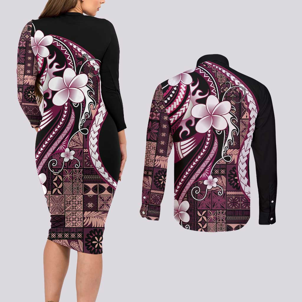 Samoa Siapo Tribal Pattern Couples Matching Long Sleeve Bodycon Dress and Long Sleeve Button Shirt Violet Polynesian Plumeria Tapa Motif