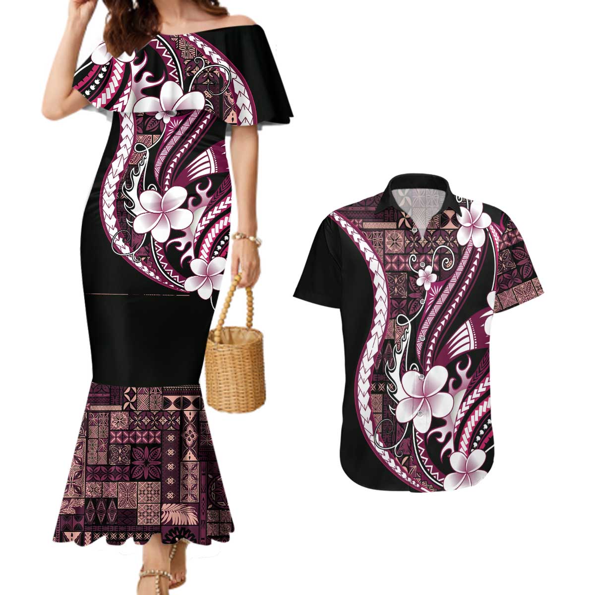 Samoa Siapo Tribal Pattern Couples Matching Mermaid Dress and Hawaiian Shirt Violet Polynesian Plumeria Tapa Motif