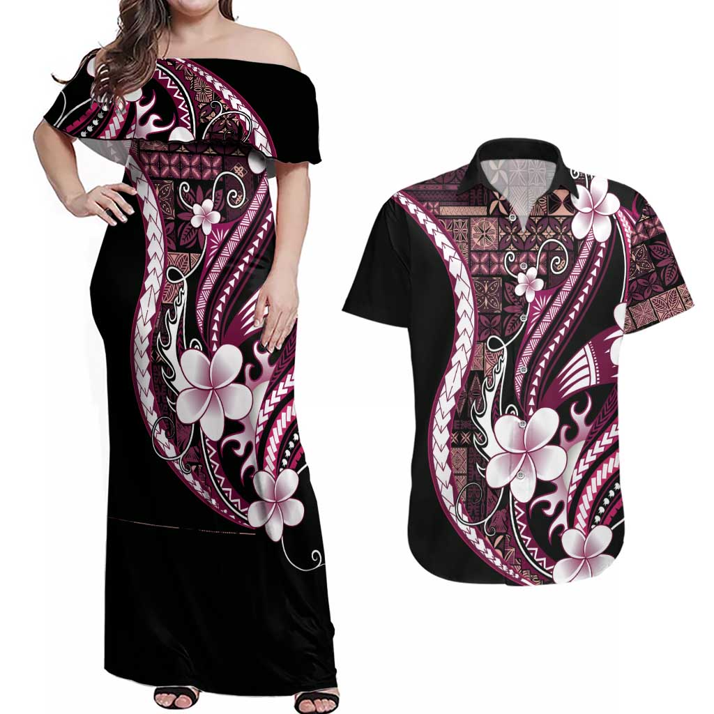 Samoa Siapo Tribal Pattern Couples Matching Off Shoulder Maxi Dress and Hawaiian Shirt Violet Polynesian Plumeria Tapa Motif
