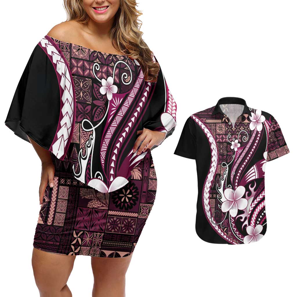 Samoa Siapo Tribal Pattern Couples Matching Off Shoulder Short Dress and Hawaiian Shirt Violet Polynesian Plumeria Tapa Motif