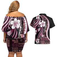 Samoa Siapo Tribal Pattern Couples Matching Off Shoulder Short Dress and Hawaiian Shirt Violet Polynesian Plumeria Tapa Motif