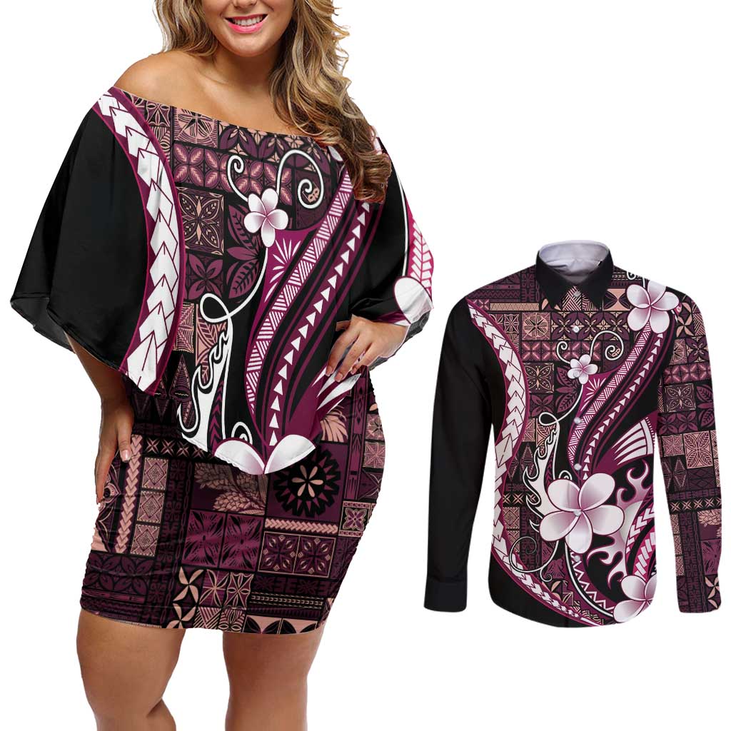 Samoa Siapo Tribal Pattern Couples Matching Off Shoulder Short Dress and Long Sleeve Button Shirt Violet Polynesian Plumeria Tapa Motif