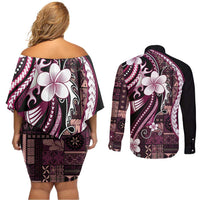 Samoa Siapo Tribal Pattern Couples Matching Off Shoulder Short Dress and Long Sleeve Button Shirt Violet Polynesian Plumeria Tapa Motif
