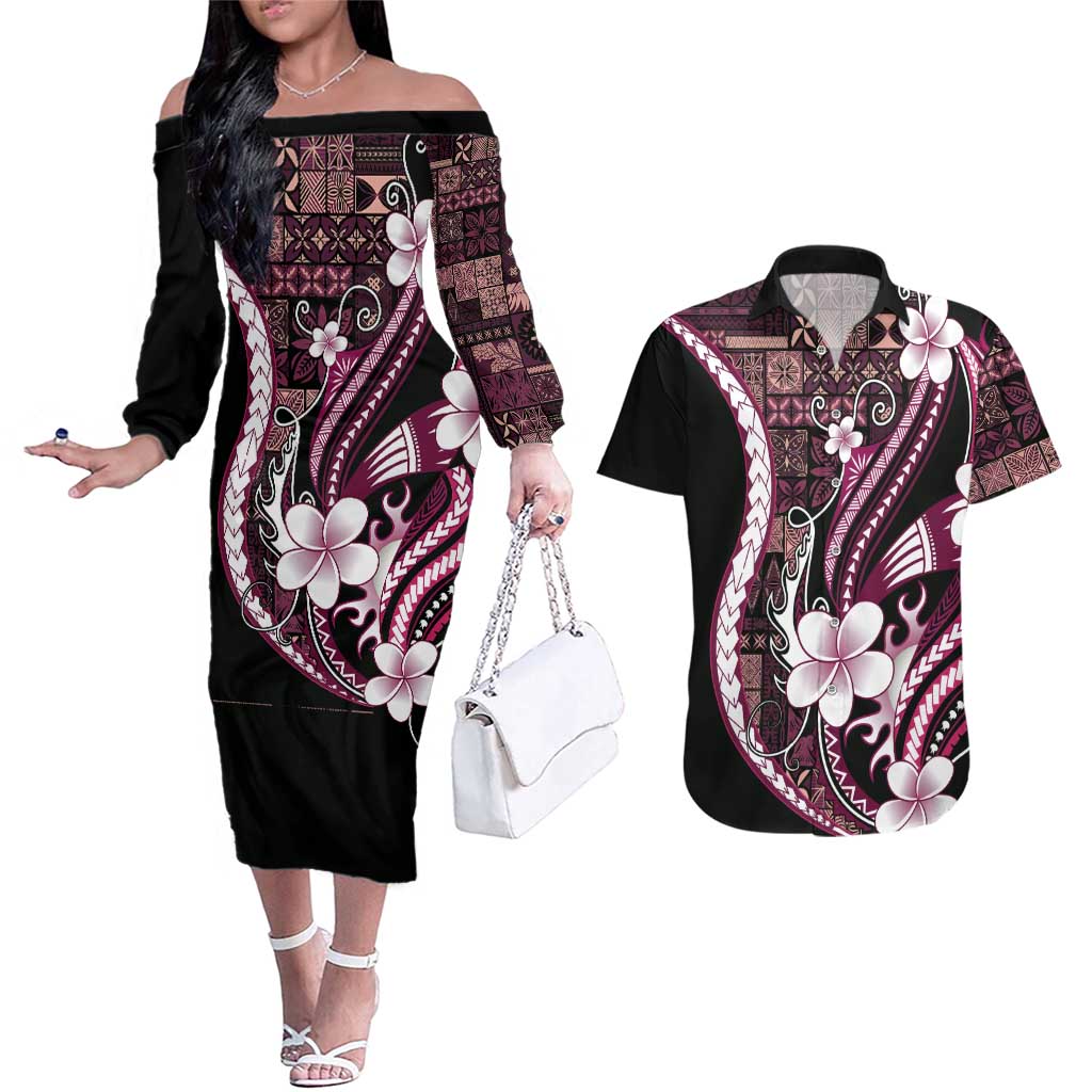 Samoa Siapo Tribal Pattern Couples Matching Off The Shoulder Long Sleeve Dress and Hawaiian Shirt Violet Polynesian Plumeria Tapa Motif