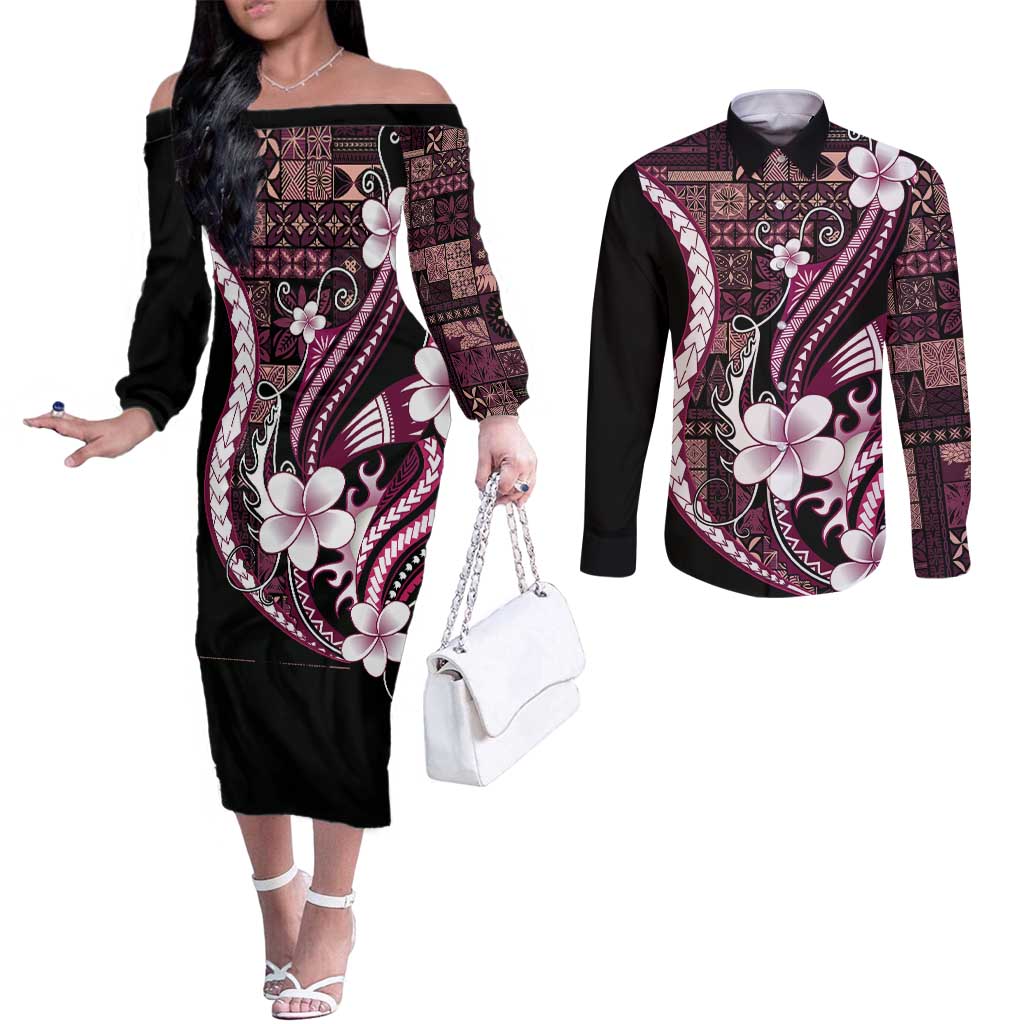Samoa Siapo Tribal Pattern Couples Matching Off The Shoulder Long Sleeve Dress and Long Sleeve Button Shirt Violet Polynesian Plumeria Tapa Motif
