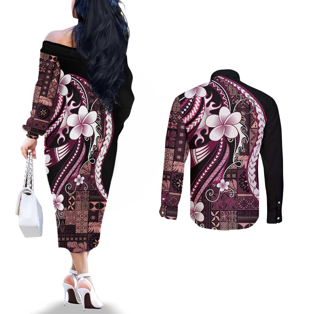Samoa Siapo Tribal Pattern Couples Matching Off The Shoulder Long Sleeve Dress and Long Sleeve Button Shirt Violet Polynesian Plumeria Tapa Motif