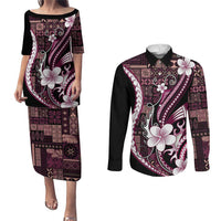 Samoa Siapo Tribal Pattern Couples Matching Puletasi and Long Sleeve Button Shirt Violet Polynesian Plumeria Tapa Motif