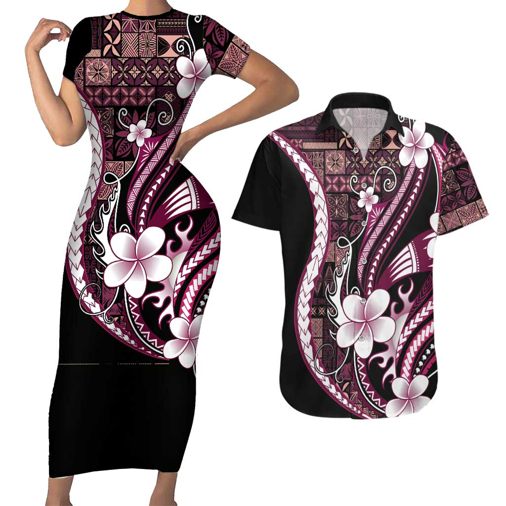 Samoa Siapo Tribal Pattern Couples Matching Short Sleeve Bodycon Dress and Hawaiian Shirt Violet Polynesian Plumeria Tapa Motif