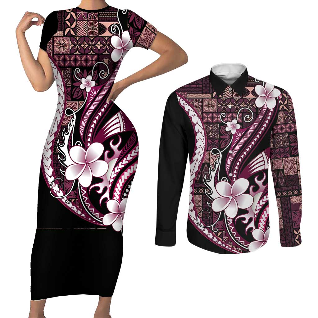 Samoa Siapo Tribal Pattern Couples Matching Short Sleeve Bodycon Dress and Long Sleeve Button Shirt Violet Polynesian Plumeria Tapa Motif