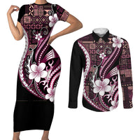 Samoa Siapo Tribal Pattern Couples Matching Short Sleeve Bodycon Dress and Long Sleeve Button Shirt Violet Polynesian Plumeria Tapa Motif