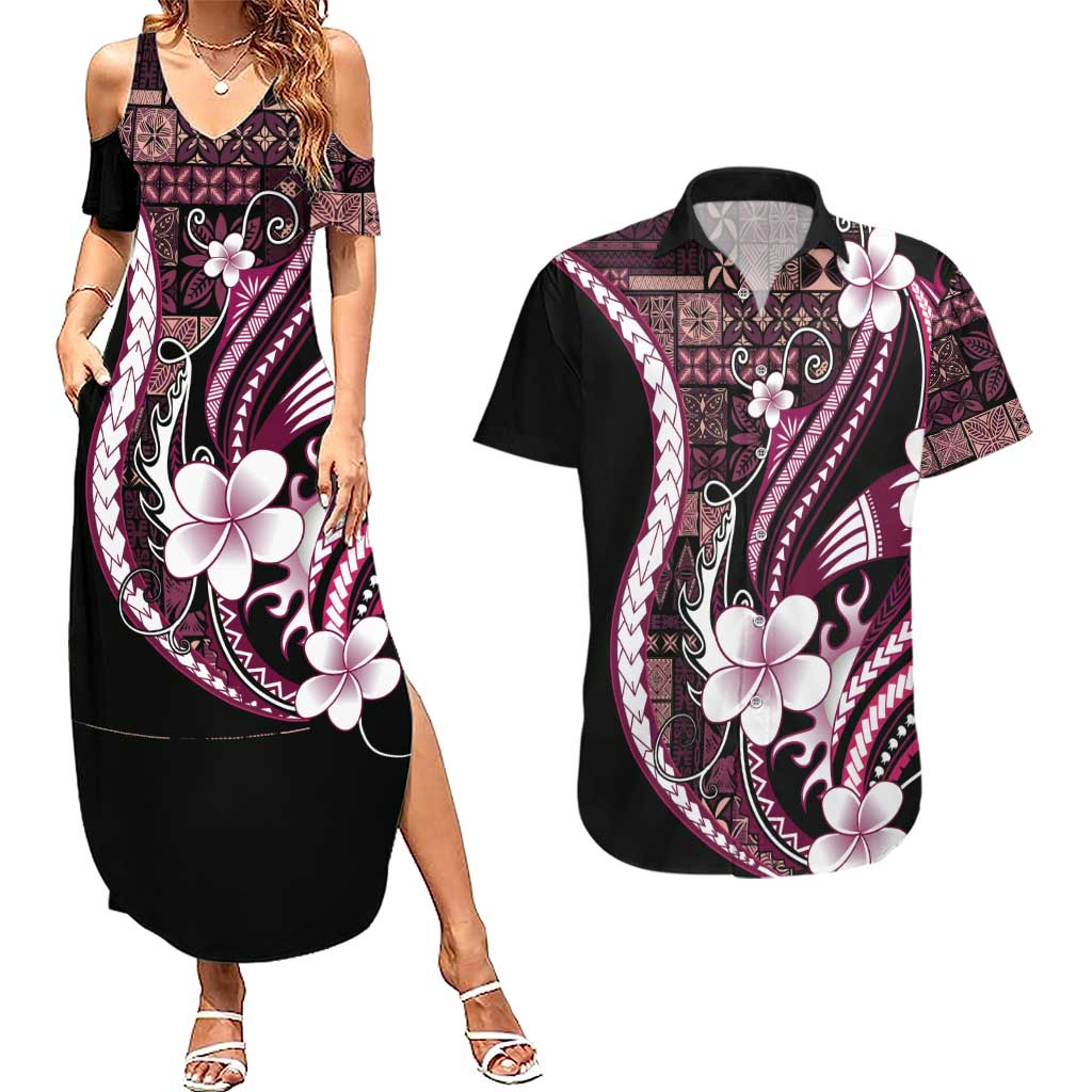 Samoa Siapo Tribal Pattern Couples Matching Summer Maxi Dress and Hawaiian Shirt Violet Polynesian Plumeria Tapa Motif
