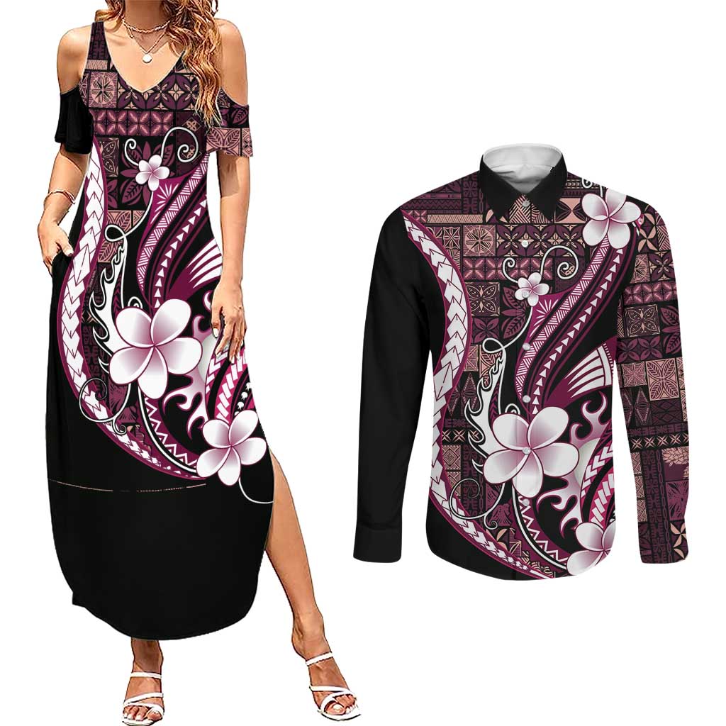 Samoa Siapo Tribal Pattern Couples Matching Summer Maxi Dress and Long Sleeve Button Shirt Violet Polynesian Plumeria Tapa Motif
