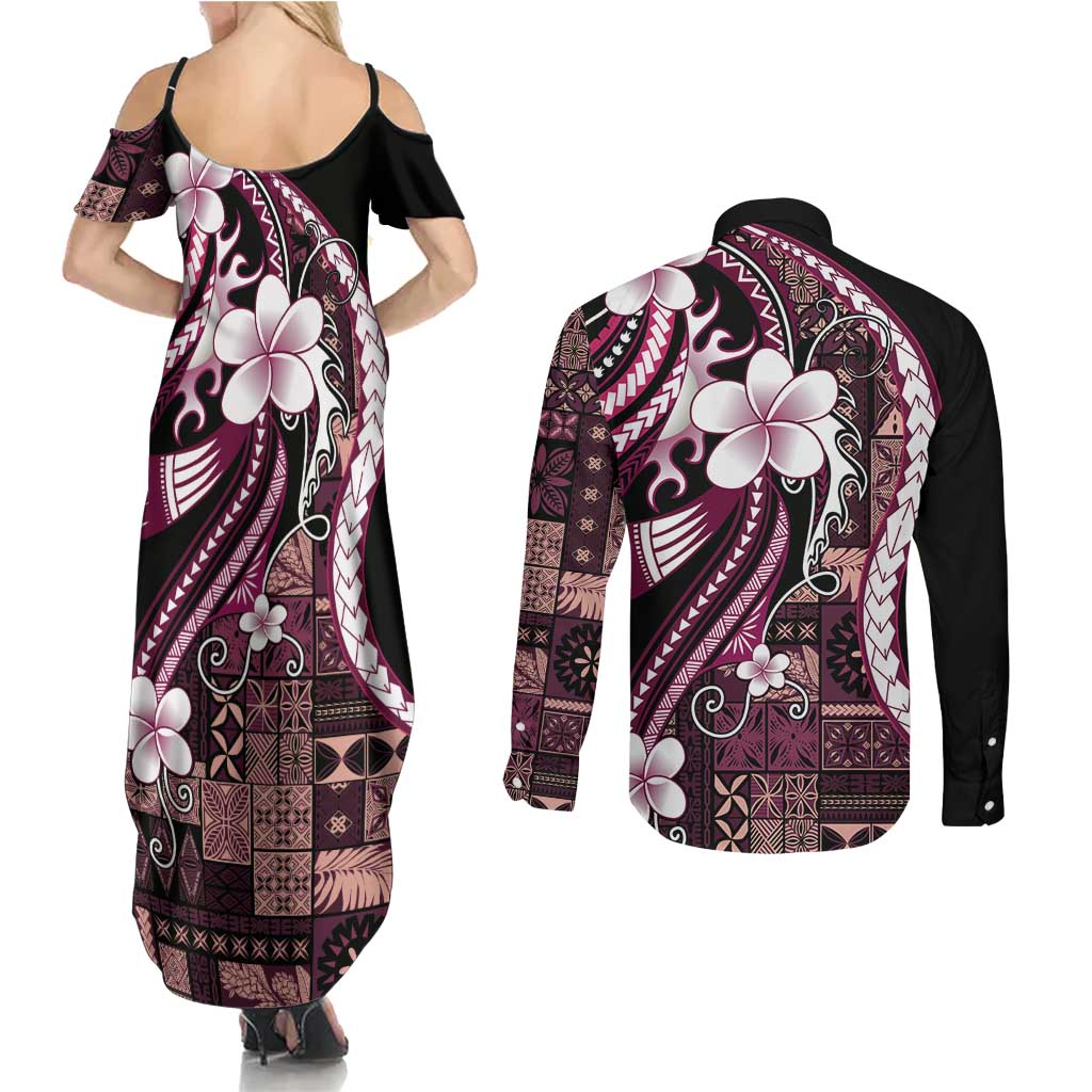 Samoa Siapo Tribal Pattern Couples Matching Summer Maxi Dress and Long Sleeve Button Shirt Violet Polynesian Plumeria Tapa Motif