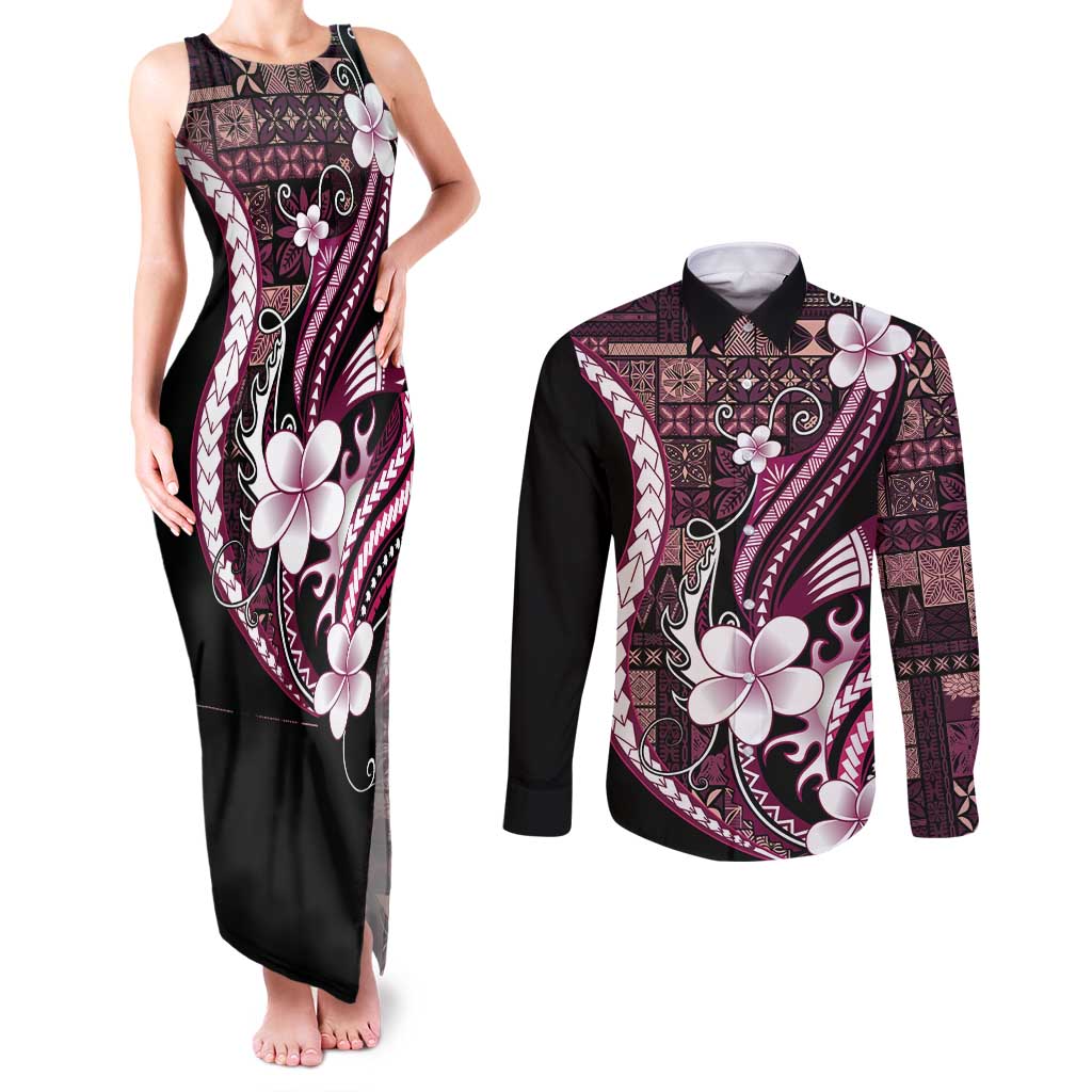 Samoa Siapo Tribal Pattern Couples Matching Tank Maxi Dress and Long Sleeve Button Shirt Violet Polynesian Plumeria Tapa Motif