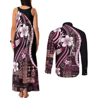 Samoa Siapo Tribal Pattern Couples Matching Tank Maxi Dress and Long Sleeve Button Shirt Violet Polynesian Plumeria Tapa Motif