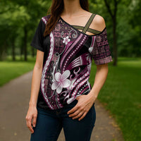 Samoa Siapo Tribal Pattern Cross Shoulder Shirt Violet Polynesian Plumeria Tapa Motif