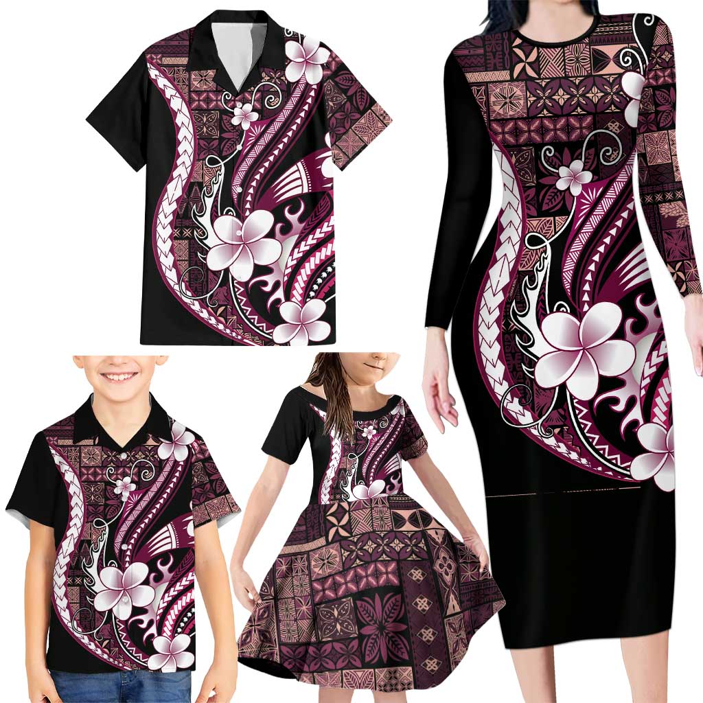 Samoa Siapo Tribal Pattern Family Matching Long Sleeve Bodycon Dress and Hawaiian Shirt Violet Polynesian Plumeria Tapa Motif