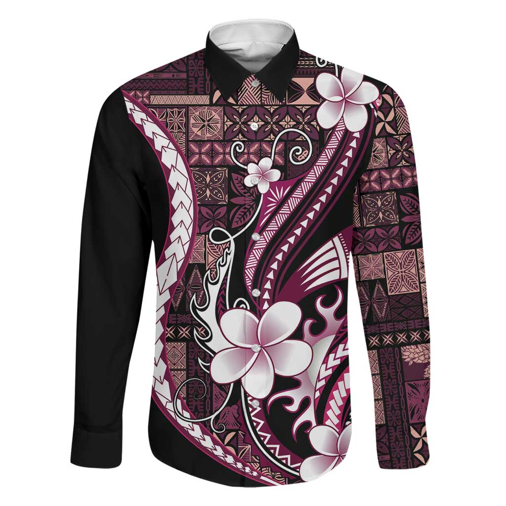 Samoa Siapo Tribal Pattern Family Matching Long Sleeve Bodycon Dress and Hawaiian Shirt Violet Polynesian Plumeria Tapa Motif LT9 Dad's Shirt - Long Sleeve Violet - Polynesian Pride