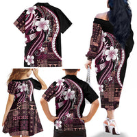 Samoa Siapo Tribal Pattern Family Matching Off The Shoulder Long Sleeve Dress and Hawaiian Shirt Violet Polynesian Plumeria Tapa Motif LT9 - Polynesian Pride