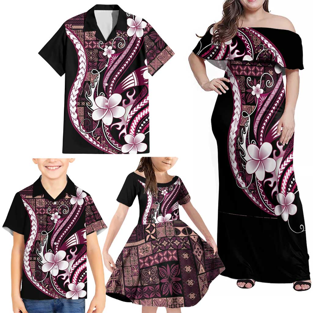 Samoa Siapo Tribal Pattern Family Matching Off Shoulder Maxi Dress and Hawaiian Shirt Violet Polynesian Plumeria Tapa Motif