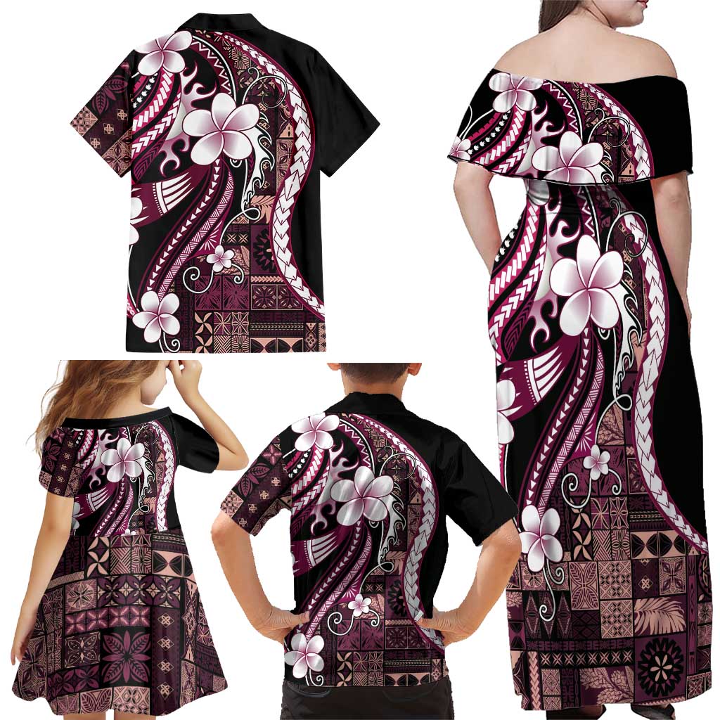 Samoa Siapo Tribal Pattern Family Matching Off Shoulder Maxi Dress and Hawaiian Shirt Violet Polynesian Plumeria Tapa Motif LT9 - Polynesian Pride