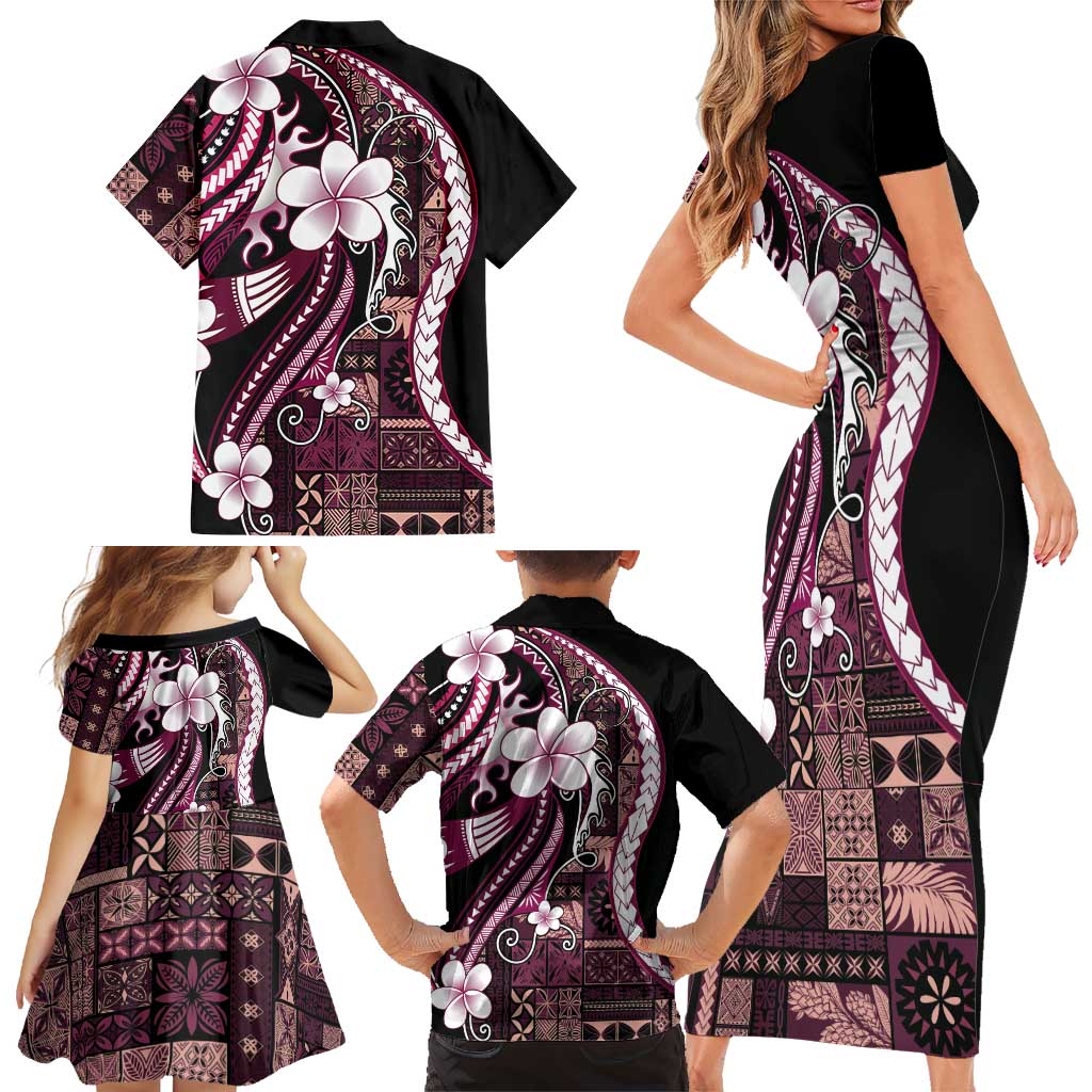 Samoa Siapo Tribal Pattern Family Matching Short Sleeve Bodycon Dress and Hawaiian Shirt Violet Polynesian Plumeria Tapa Motif LT9 - Polynesian Pride