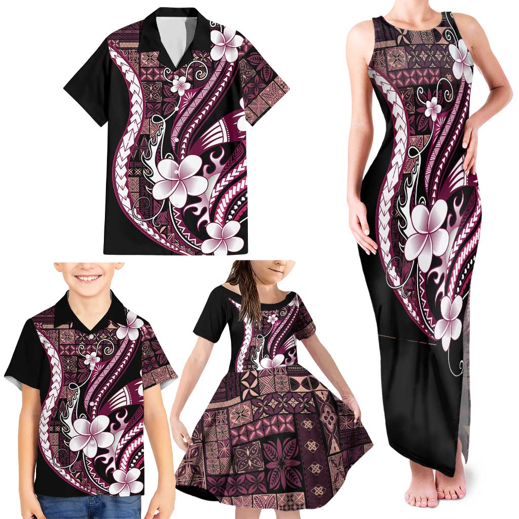 Samoa Siapo Tribal Pattern Family Matching Tank Maxi Dress and Hawaiian Shirt Violet Polynesian Plumeria Tapa Motif LT9 - Polynesian Pride