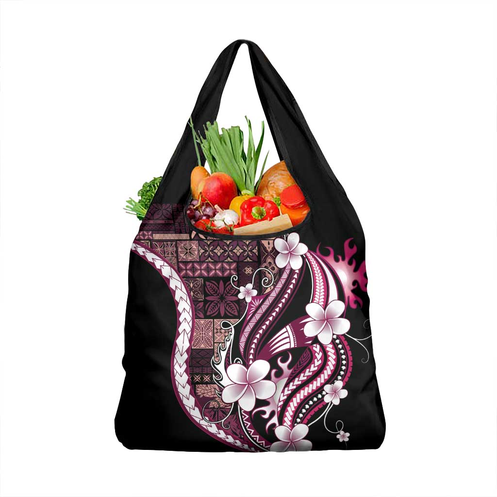 Samoa Siapo Tribal Pattern Grocery Bag Violet Polynesian Plumeria Tapa Motif