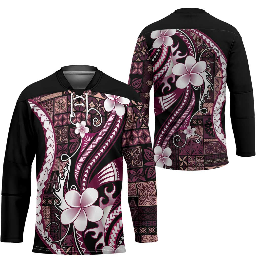 Samoa Siapo Tribal Pattern Hockey Jersey Violet Polynesian Plumeria Tapa Motif