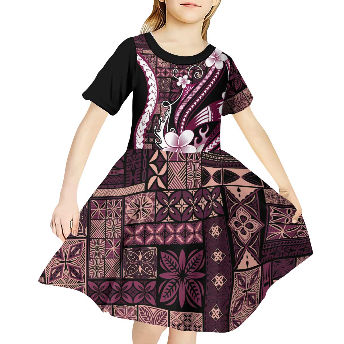 Samoa Siapo Tribal Pattern Kid Short Sleeve Dress Violet Polynesian Plumeria Tapa Motif
