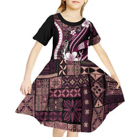 Samoa Siapo Tribal Pattern Kid Short Sleeve Dress Violet Polynesian Plumeria Tapa Motif