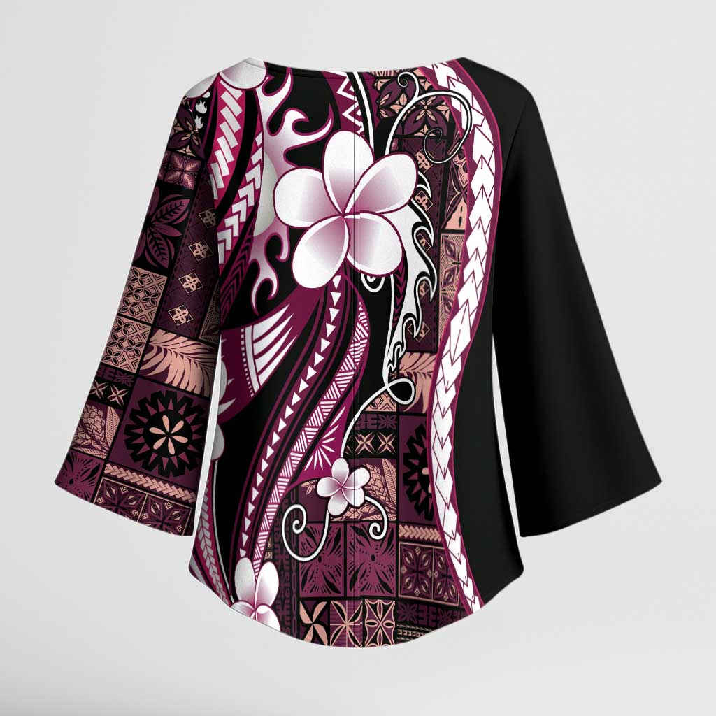 Samoa Siapo Tribal Pattern Kimono Sleeve Blouse Violet Polynesian Plumeria Tapa Motif