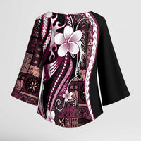 Samoa Siapo Tribal Pattern Kimono Sleeve Blouse Violet Polynesian Plumeria Tapa Motif