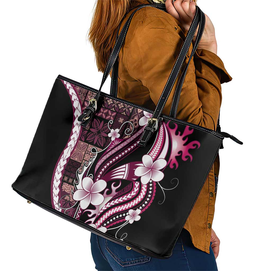 Samoa Siapo Tribal Pattern Leather Tote Bag Violet Polynesian Plumeria Tapa Motif