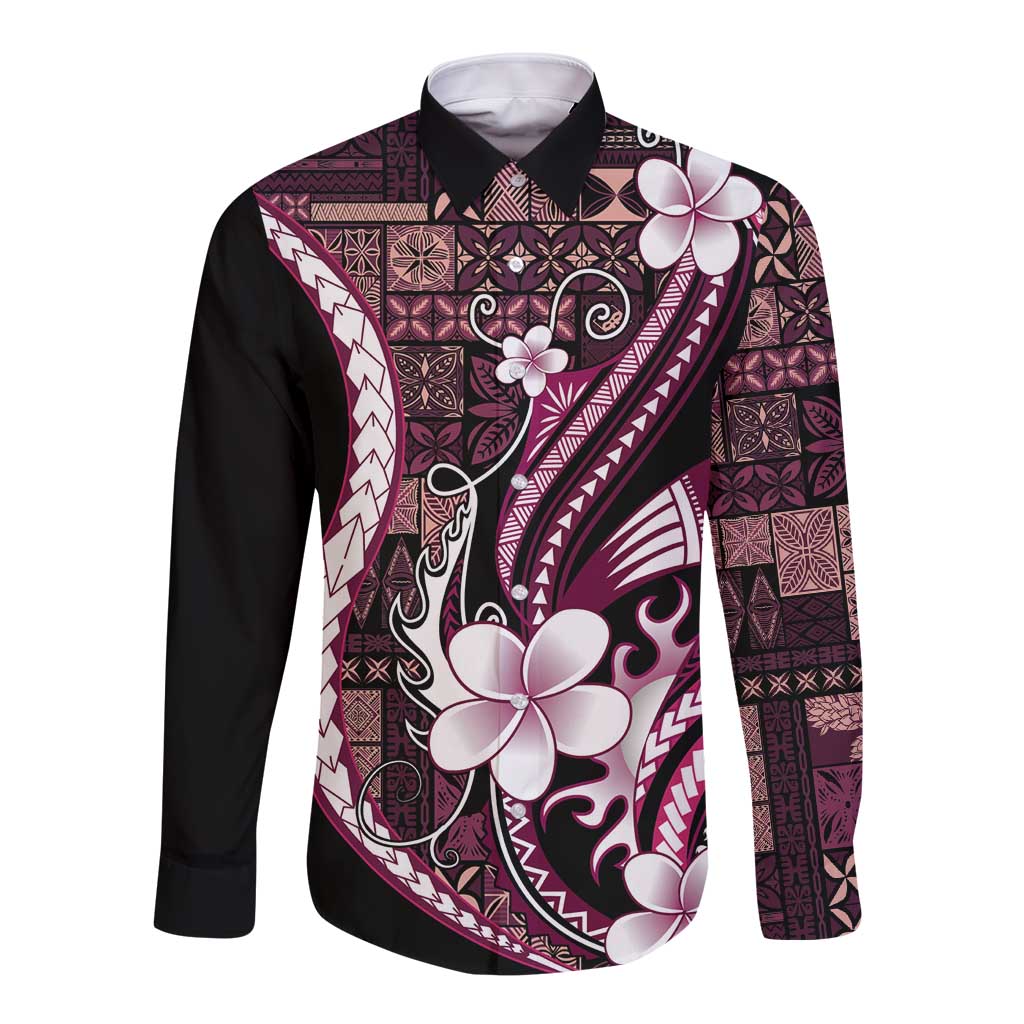 Samoa Siapo Tribal Pattern Long Sleeve Button Shirt Violet Polynesian Plumeria Tapa Motif