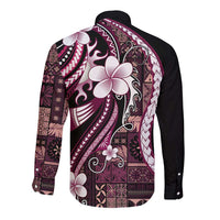 Samoa Siapo Tribal Pattern Long Sleeve Button Shirt Violet Polynesian Plumeria Tapa Motif
