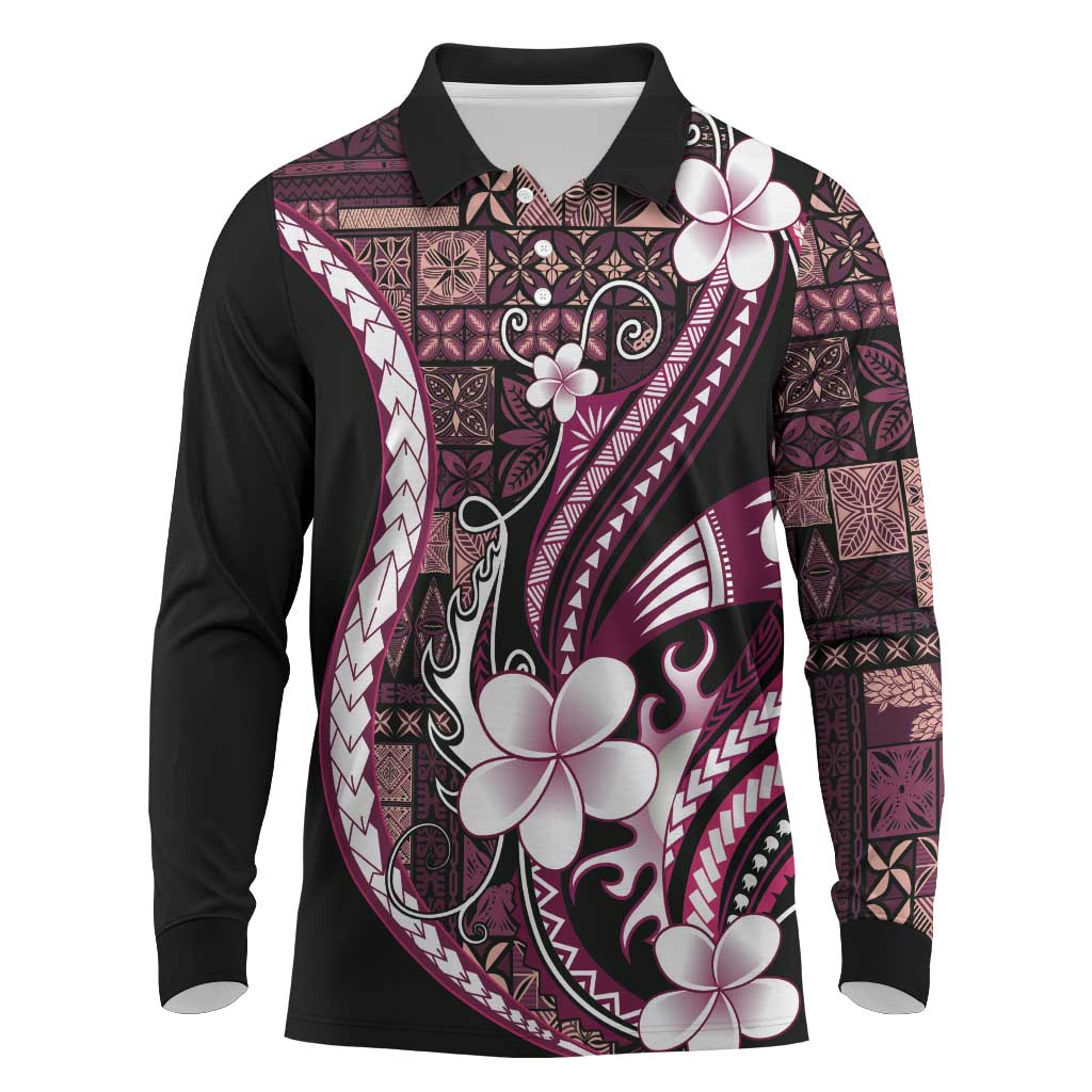 Samoa Siapo Tribal Pattern Long Sleeve Polo Shirt Violet Polynesian Plumeria Tapa Motif