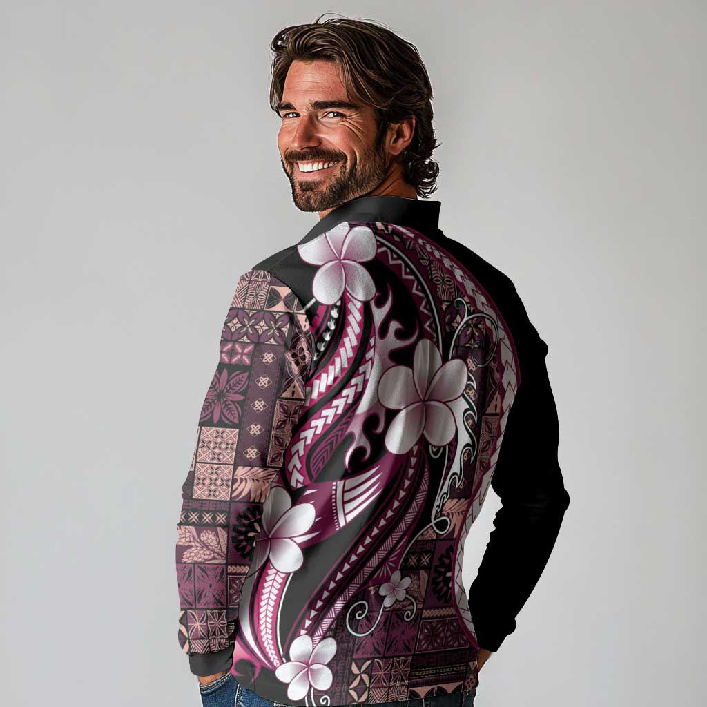 Samoa Siapo Tribal Pattern Long Sleeve Polo Shirt Violet Polynesian Plumeria Tapa Motif