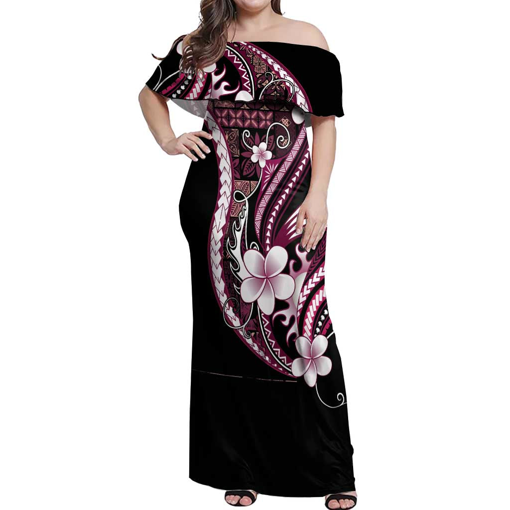 Samoa Siapo Tribal Pattern Off Shoulder Maxi Dress Violet Polynesian Plumeria Tapa Motif