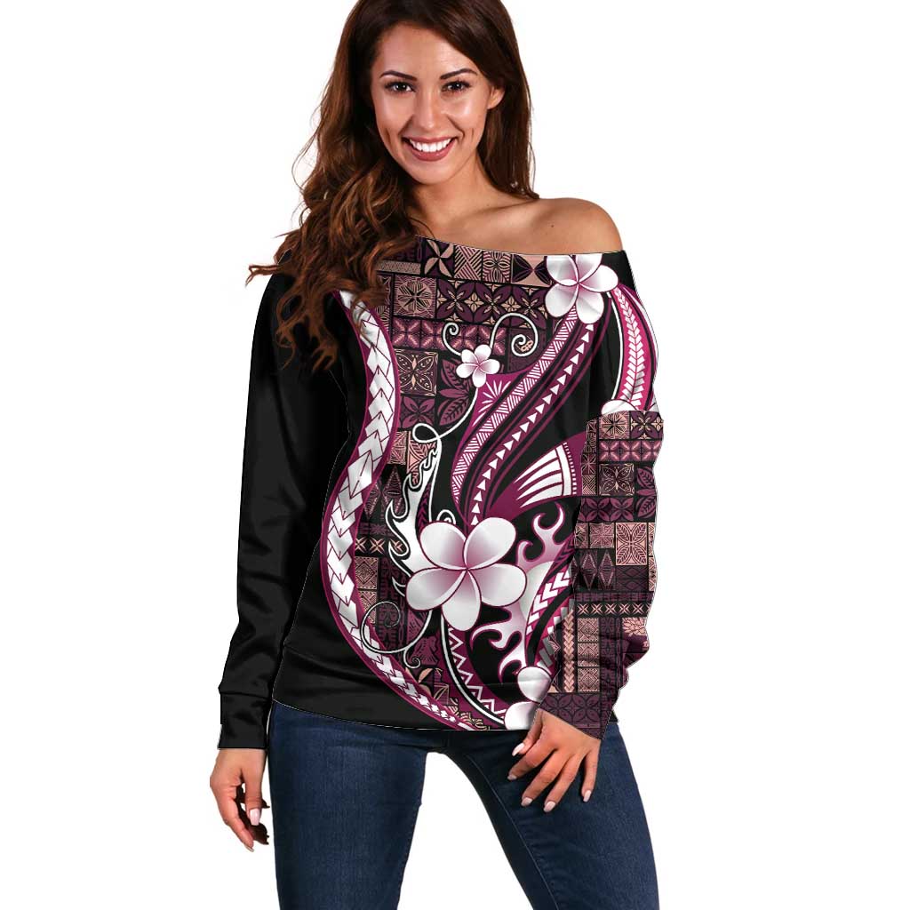 Samoa Siapo Tribal Pattern Off Shoulder Sweater Violet Polynesian Plumeria Tapa Motif