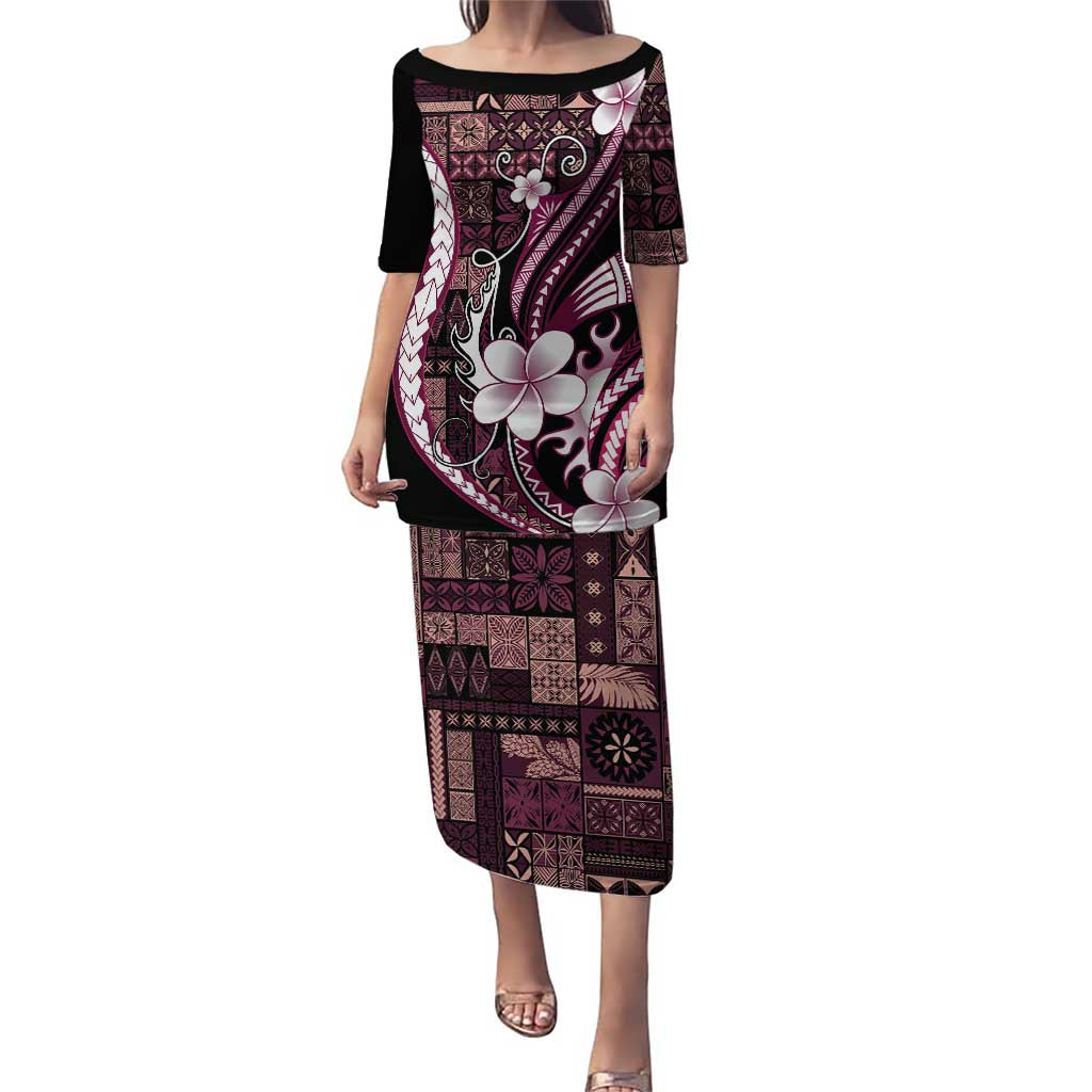 Samoa Siapo Tribal Pattern Puletasi Violet Polynesian Plumeria Tapa Motif