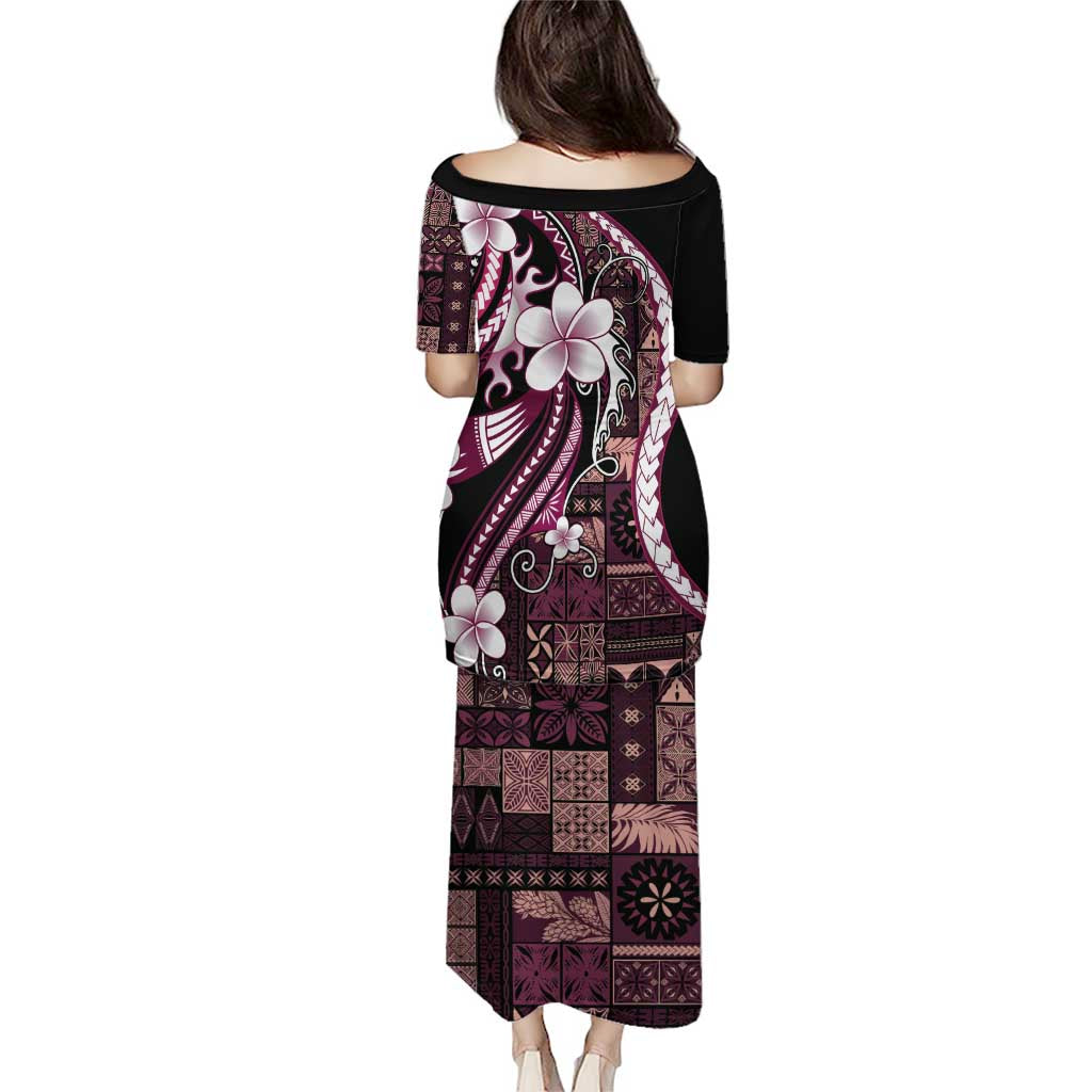 Samoa Siapo Tribal Pattern Puletasi Violet Polynesian Plumeria Tapa Motif